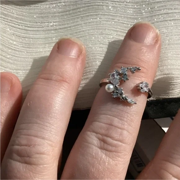 -Luxurious Open design  celestial themed Cz Diamond & Pearl moon Ring - Picture 6 of 15